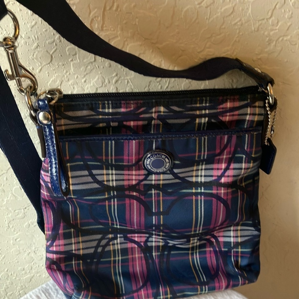 Coach: Navy & Pink Tartan Plaid Crossbody Bag- Silver Tone - Picture 13 of 16